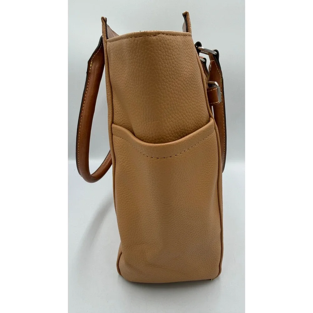 Coldwater Creek Tote Bag Faux Leather Large Tan Cognac Silver Hardware NWOT
